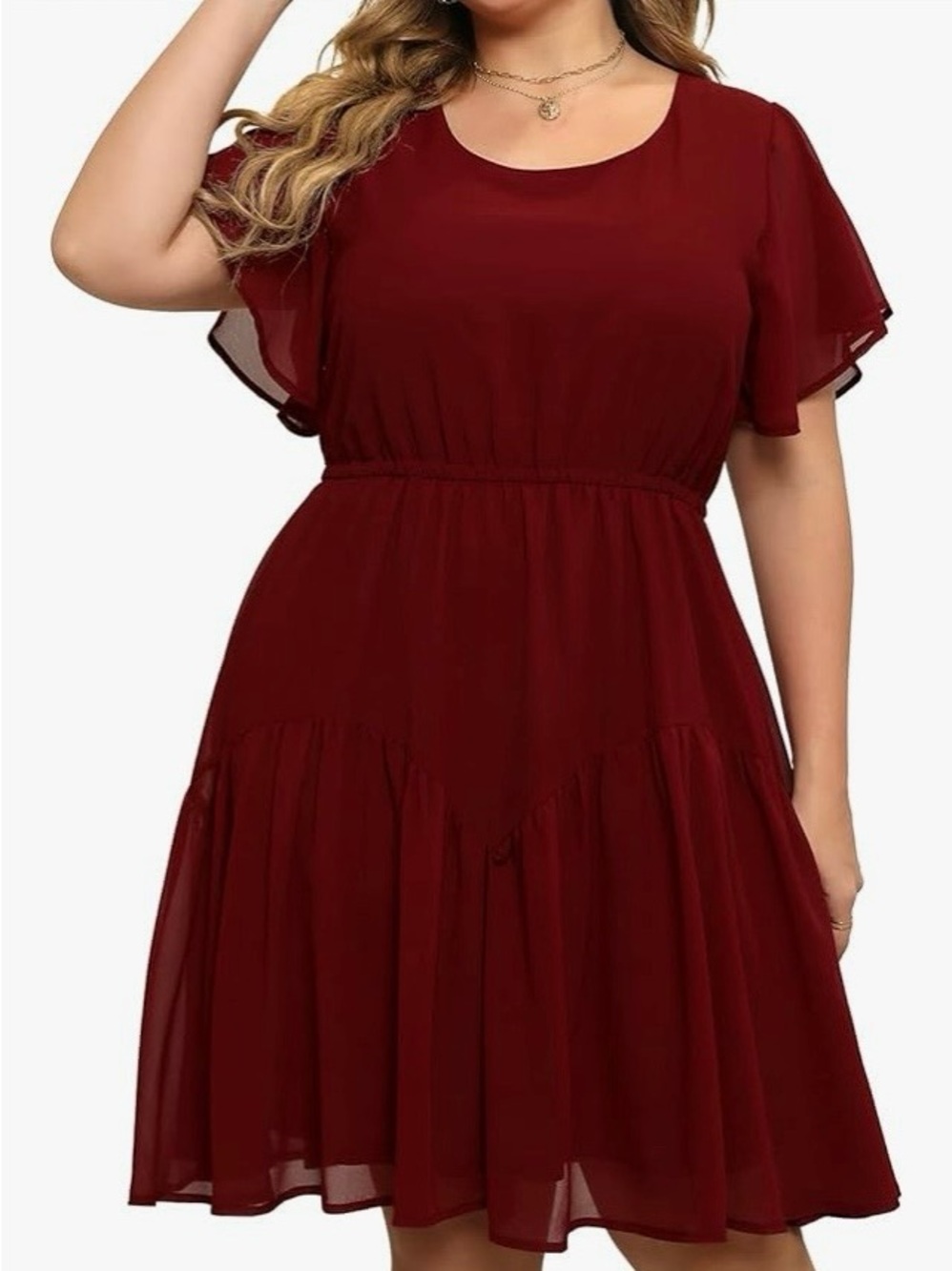 NWOT- Nemidor Burgundy dress Size  XXL/18 Flutter Sleeve Tiered Lined Flowy